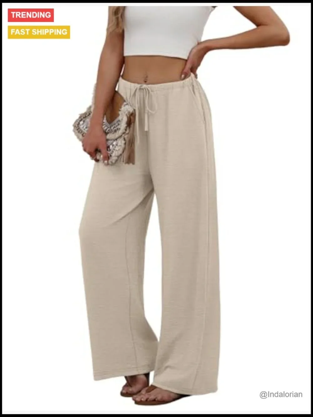 Wide Leg Palazzo Pants Drawstring Elastic Waist Trousers with Pockets Flowy